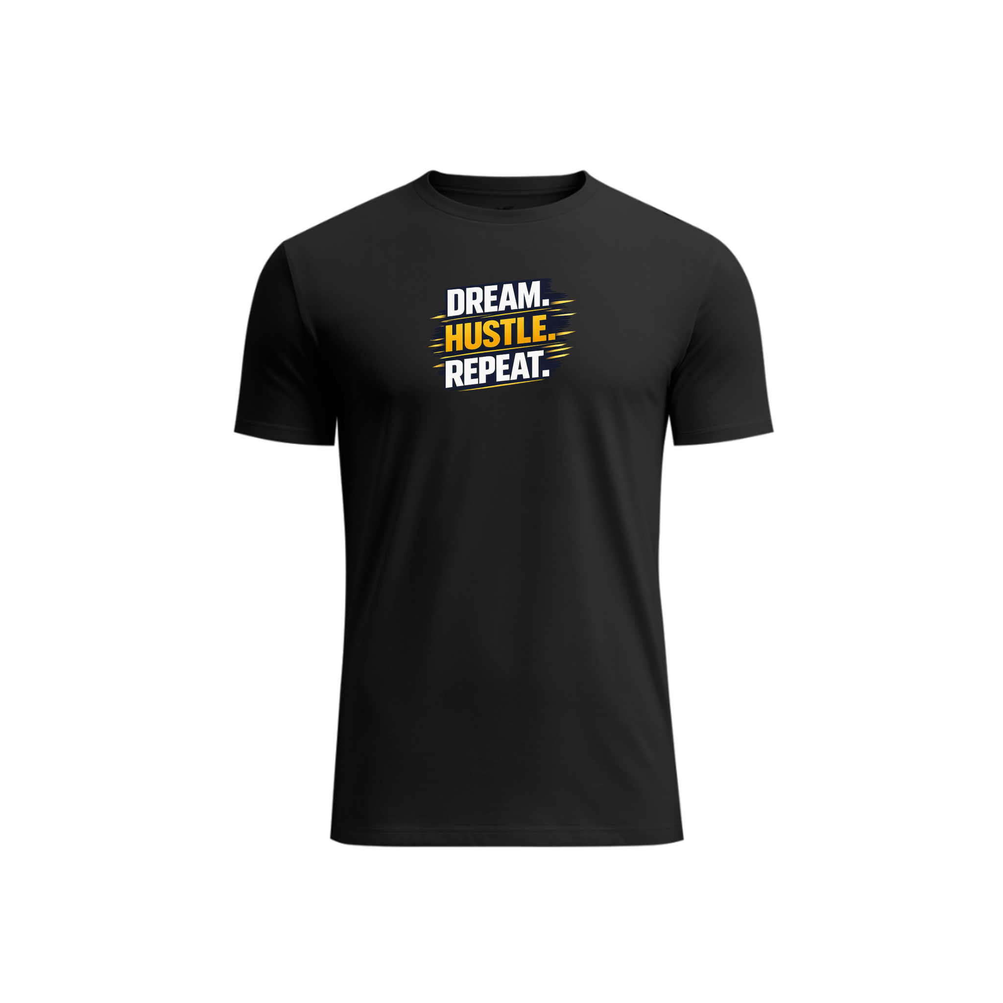 A black short-sleeve crewneck t-shirt with a graphic text print on the chest reading 'DREAM. HUSTLE.