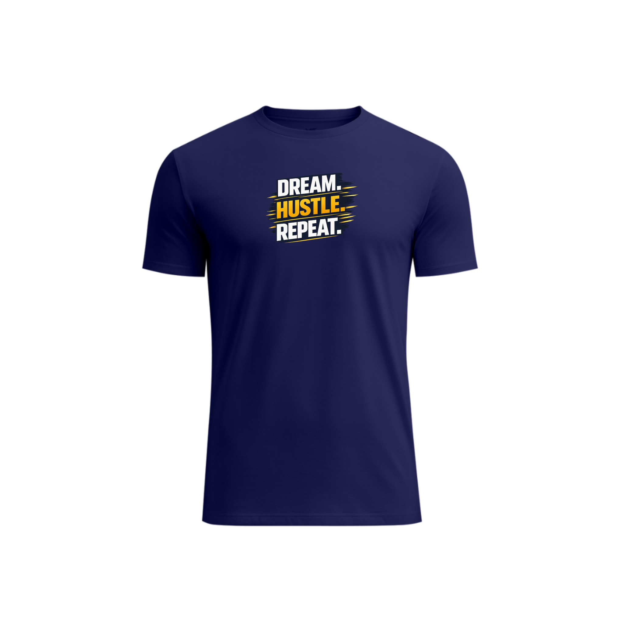 A navy blue short-sleeve crewneck t-shirt with a graphic text print on the chest reading 'DREAM. HUSTLE.