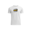 A white short-sleeve crewneck t-shirt featuring a graphic on the chest that reads 'DREAM. HUSTLE.