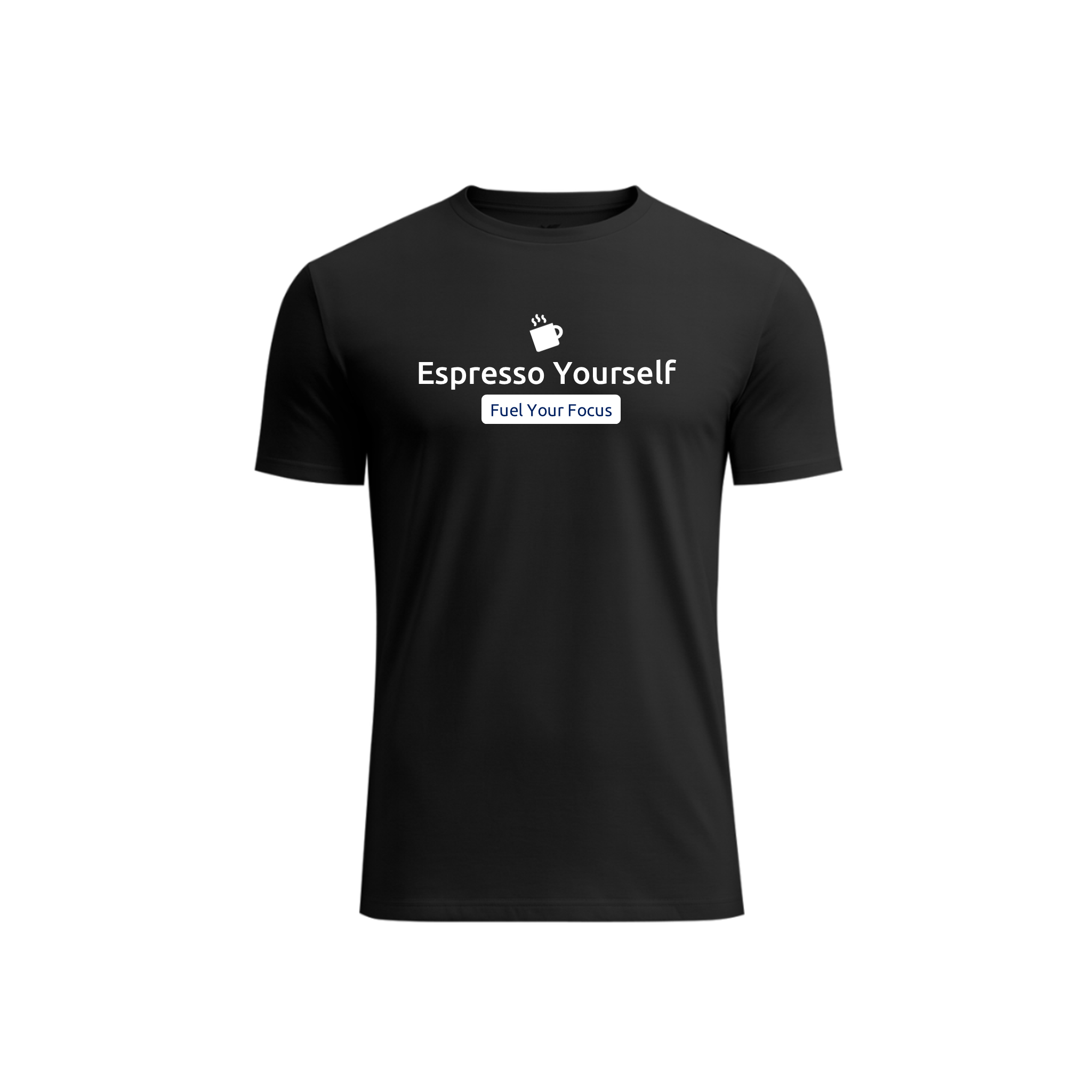 A black short-sleeve crewneck t-shirt with a white graphic on the chest that reads 'Espresso Yourself' and 'Fuel Your Focus' with a small coffee cup icon, displayed on a solid white background.