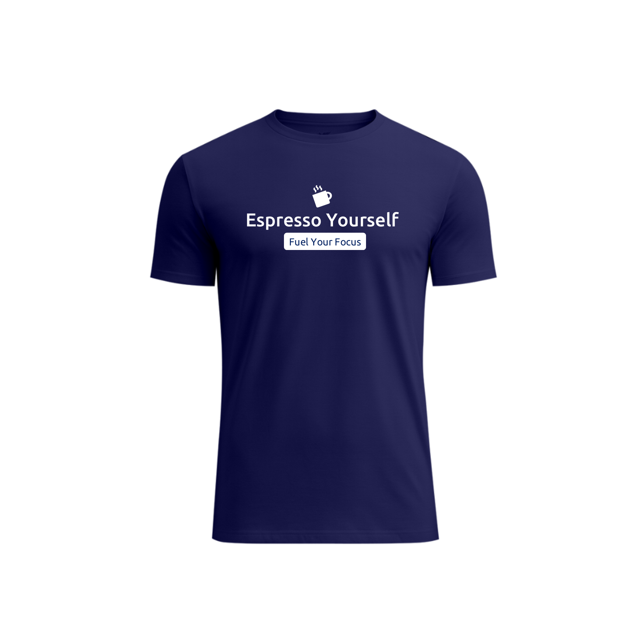 A navy blue short-sleeve crewneck t-shirt with a white graphic on the chest that reads 'Espresso Yourself' and 'Fuel Your Focus' with a small coffee cup icon, displayed on a solid white background.