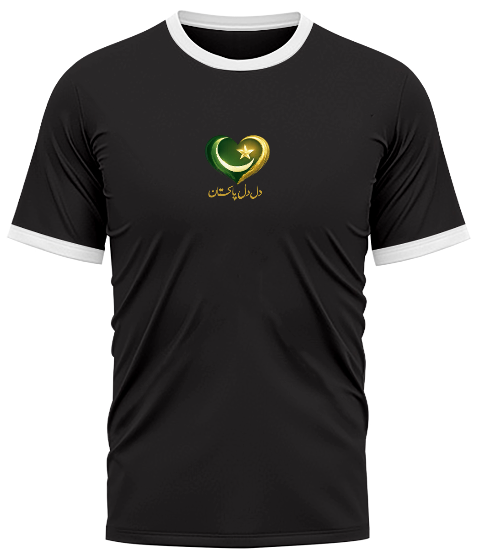 A black ringer t-shirt with white trim on the collar and sleeve cuffs, featuring a central graphic of a green and gold heart-shaped crescent and star with Arabic calligraphy underneath.