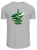 A light gray short-sleeve crewneck t-shirt featuring a green graphic print of the Minar-e-Quwwata illa billah min barakah, with Arabic calligraphy and the text 'Wajah Freedom Spirit & Eagle 1947'.