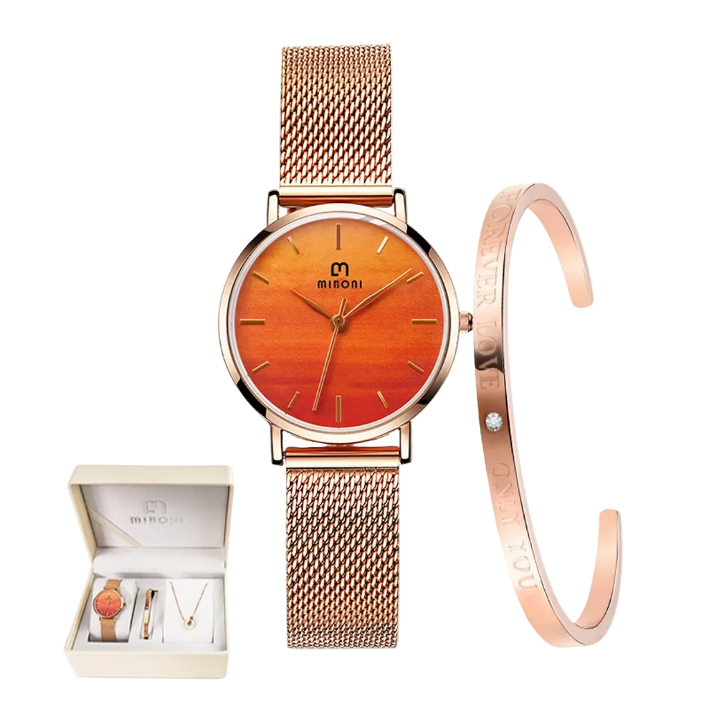 A rose gold women's watch set by MISEOI, featuring a round analog watch with a mesh strap, a matching cuff bracelet, and a small jewelry box with necklaces, all displayed on a clean white background.
