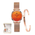 A rose gold women's watch set by MISEOI, featuring a round analog watch with a mesh strap, a matching cuff bracelet, and a small jewelry box with necklaces, all displayed on a clean white background.