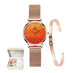 A rose gold women's watch set by MISEOI, featuring a round analog watch with a mesh strap, a matching cuff bracelet, and a small jewelry box with necklaces, all displayed on a clean white background.