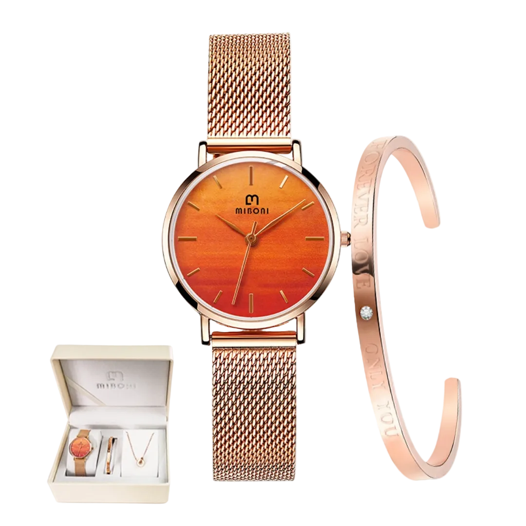 A rose gold women's watch set by MISEOI, featuring a round analog watch with a mesh strap, a matching cuff bracelet, and a small jewelry box with necklaces, all displayed on a clean white background.