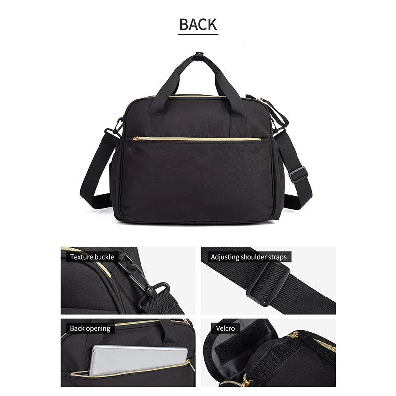 Black bag with adjustable shoulder straps and back opening feature on a white background
