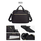 Black bag with adjustable shoulder straps and back opening feature on a white background