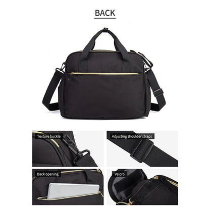 Black bag with adjustable shoulder straps and back opening feature on a white background