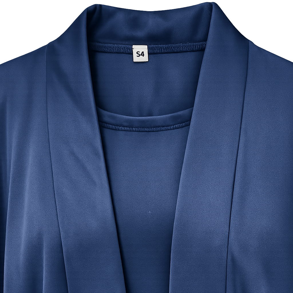 A close-up of a navy blue satin or silky shawl collar cardigan layered over a matching navy blue top. The fabric has a soft, lustrous sheen and a small white size tag reading 'S4' is visible inside the collar.