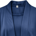A close-up of a navy blue satin or silky shawl collar cardigan layered over a matching navy blue top. The fabric has a soft, lustrous sheen and a small white size tag reading 'S4' is visible inside the collar.