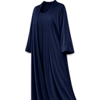 A navy blue long kaftan dress with three-quarter sleeves and a round neckline, shown against a plain white background.