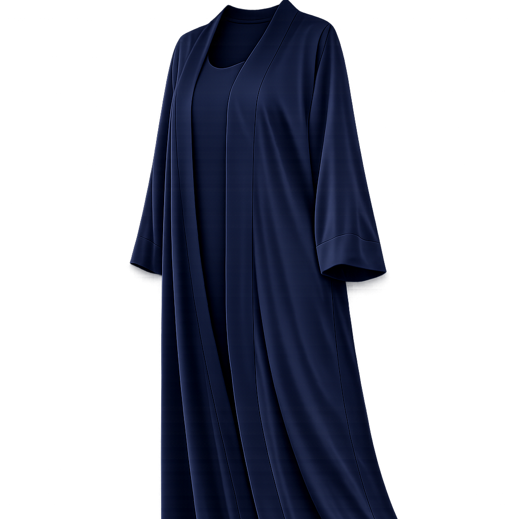 A navy blue long kaftan dress with three-quarter sleeves and a round neckline, shown against a plain white background.