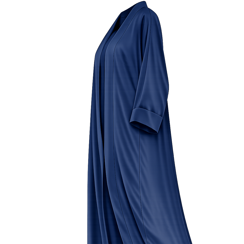 A navy blue kaftan-style robe with three-quarter sleeves and a draped silhouette, shown from a side profile on a plain white background.