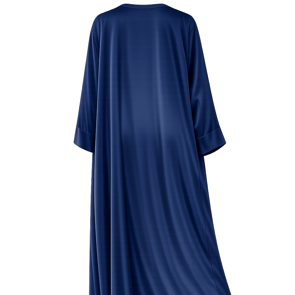 A navy blue kaftan dress shown from the back, featuring three-quarter sleeves and a flowing silhouette, displayed on a solid white background.