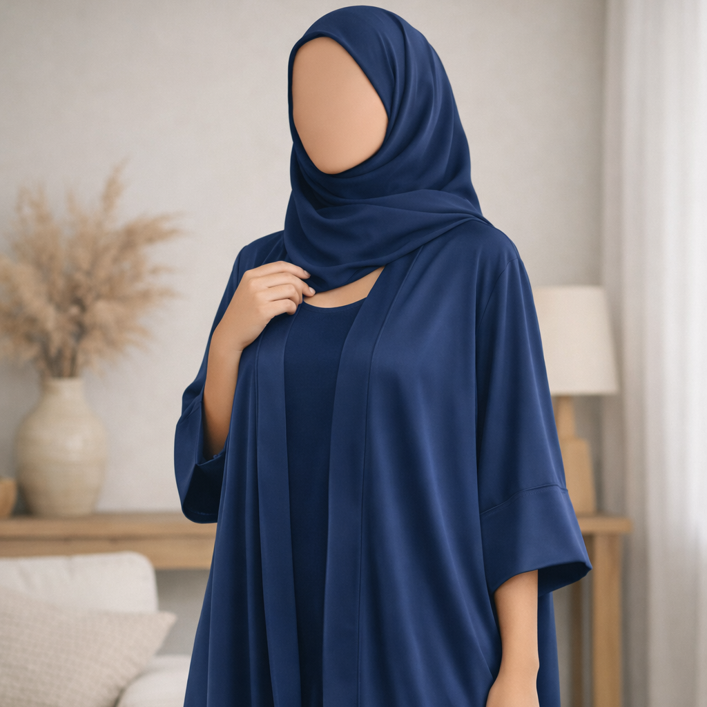 A woman wearing a navy blue modest outfit consisting of a long abaya dress and matching hijab, standing in a softly lit living room with a sofa and lamp in the background.