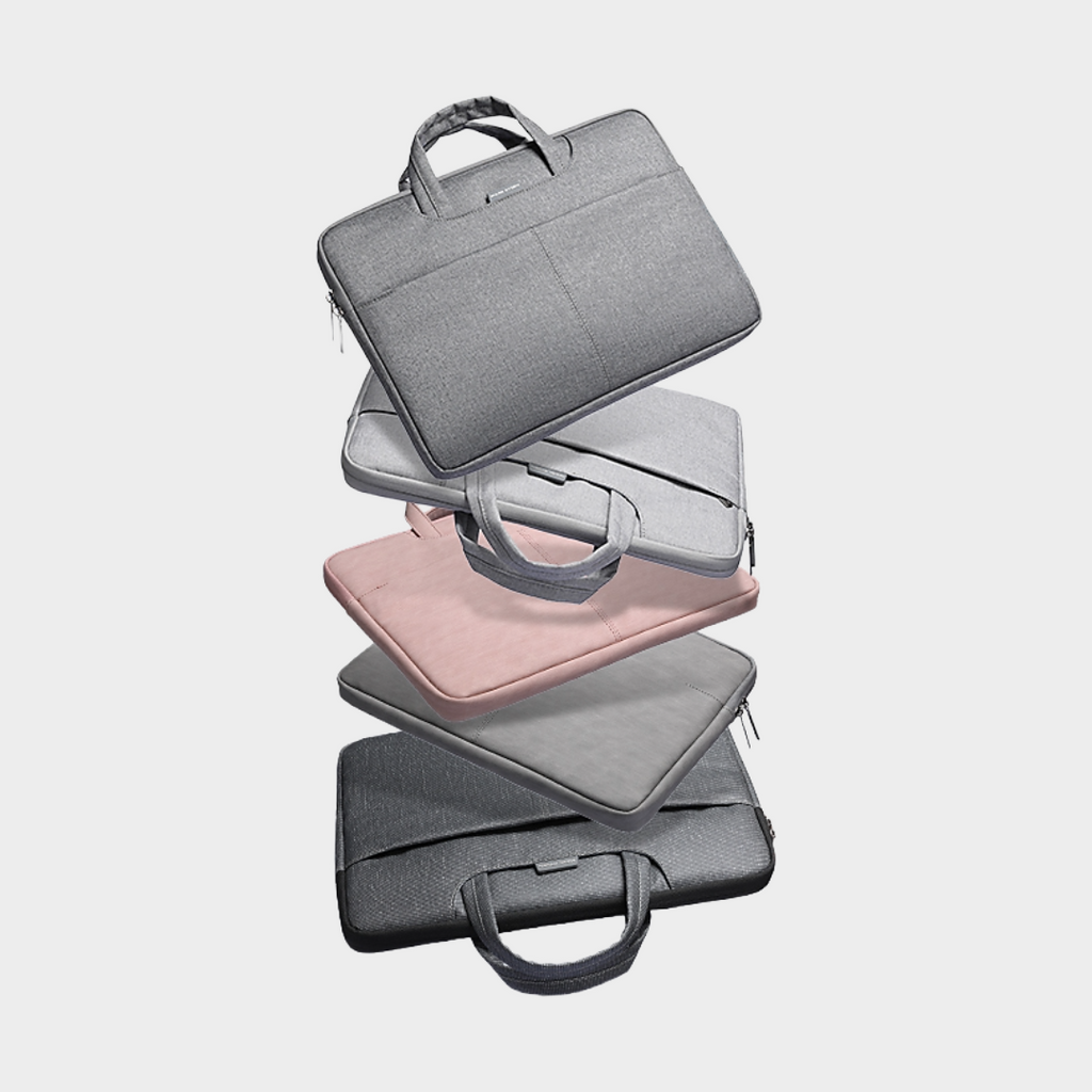 Five laptop and tablet sleeves stacked in a floating arrangement on a light gray background. The sleeves come in gray, silver, blush pink, taupe, and dark charcoal gray, each with a top handle and zip-around closure.