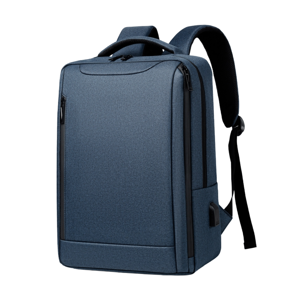 A dark blue textured fabric backpack with black zippers and straps, shown from a three-quarter angle on a solid white background.