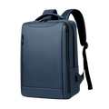 A dark blue textured fabric backpack with black zippers and straps, shown from a three-quarter angle on a solid white background.