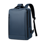 A dark blue textured fabric backpack with black zippers and straps, shown from a three-quarter angle on a solid white background.