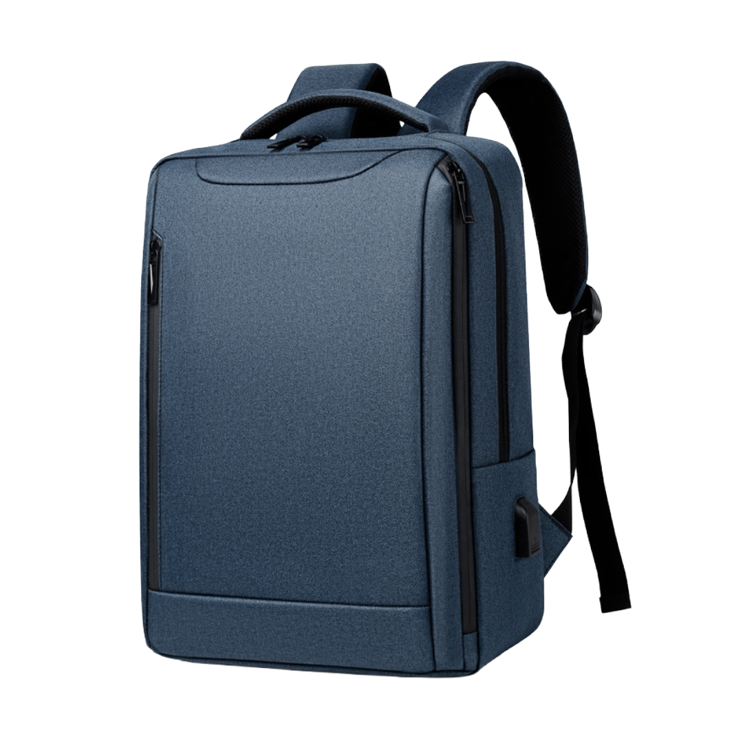 A dark blue textured fabric backpack with black zippers and straps, shown from a three-quarter angle on a solid white background.