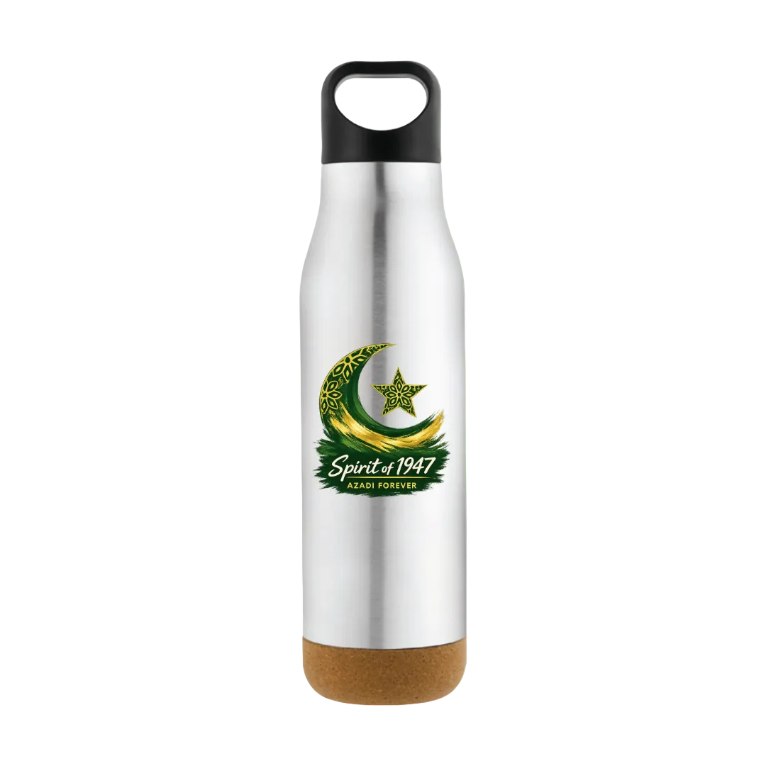 A stainless steel water bottle with a black cap and cork base, featuring a green crescent moon and star graphic with the text 'Spirit of 1947 LEAD FOREVER' on the front, set against a light green gradient background.