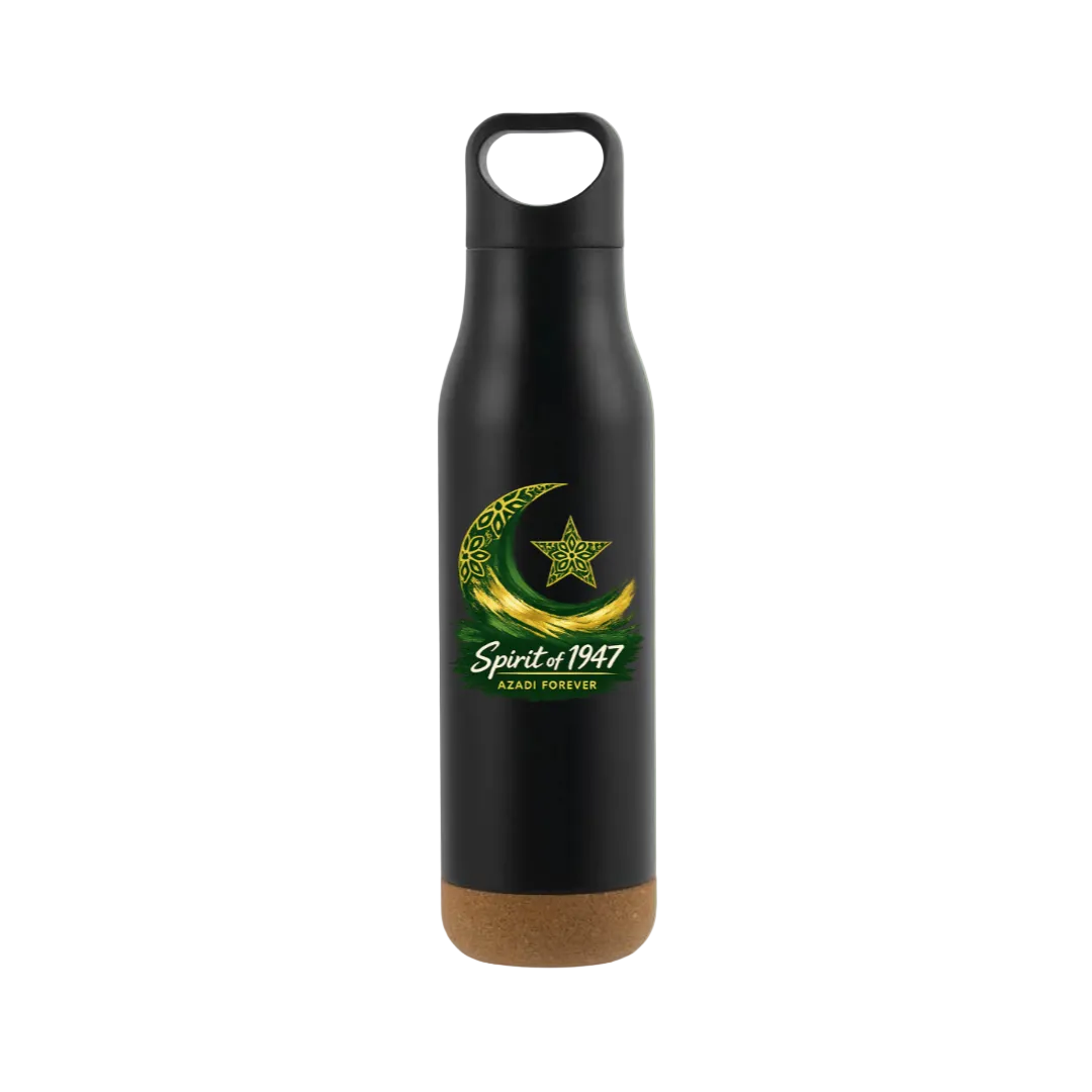 A matte black insulated bottle with a cork base and a hanging loop cap, featuring a green and gold crescent moon and star graphic with the text 'Spirit of 1947' and 'RAHAB FOREVER' on the front, set against a light green gradient background.