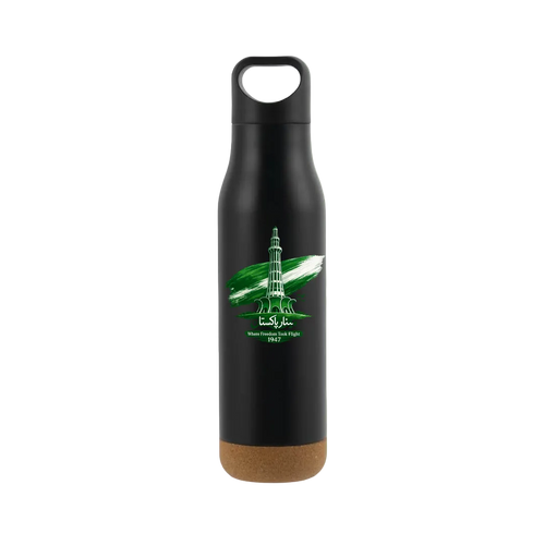 A matte black insulated water bottle with a cork base and a carry loop, featuring a green and white graphic of the Qutb Minar monument with the text 'MORNING AND AFTERNOON 1942'. The bottle is centered against a solid light green background.