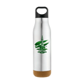 A stainless steel water bottle with a black loop cap and a cork base, featuring a green graphic of the London Eye and Tower Bridge on the front, set against a solid light green background.
