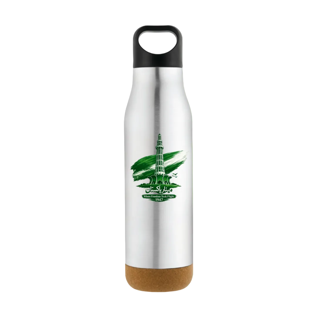 A stainless steel water bottle with a black loop cap and a cork base, featuring a green graphic of the London Eye and Tower Bridge on the front, set against a solid light green background.