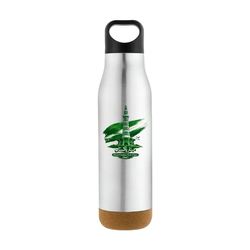 A stainless steel water bottle with a black loop cap and a cork base, featuring a green graphic of the London Eye and Tower Bridge on the front, set against a solid light green background.