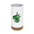 A white insulated tumbler with a clear lid and a cork base, featuring a green graphic of a minaret tower with the text 'Makkah Islamabad' and 'Where Freedom Wind Rises 1947'. The tumbler is centered on a solid light green background.