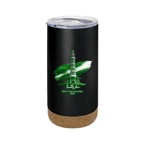 A black insulated tumbler with a clear lid and a cork base, featuring a green and white illustration of the Karachi Tower with the text 'Karachi' and 'Where Freedom Took Flight 1947'.