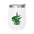 A white stemless wine tumbler with a stainless steel rim, featuring a green graphic of the Minkah Minaret in Islamabad, Pakistan, with the text 'Where Freedom Took Flight 1947' on a light green background.