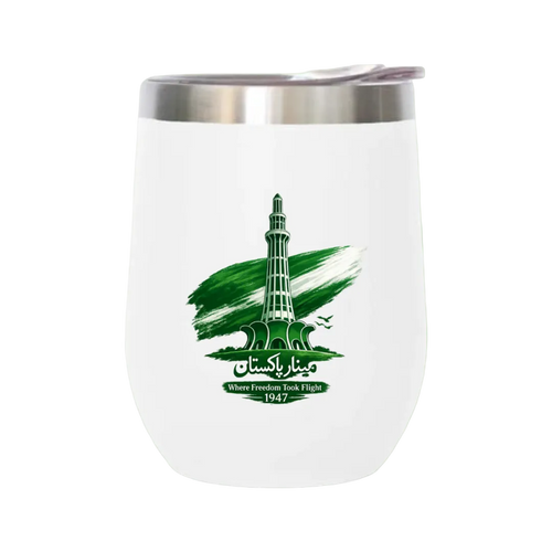A white stemless wine tumbler with a stainless steel rim, featuring a green graphic of the Minkah Minaret in Islamabad, Pakistan, with the text 'Where Freedom Took Flight 1947' on a light green background.