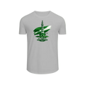 A light gray short-sleeve t-shirt with a green and white graphic print of the Gaddafi Tower in Libya, featuring a stylized flag and Arabic text, displayed on a light green gradient background.