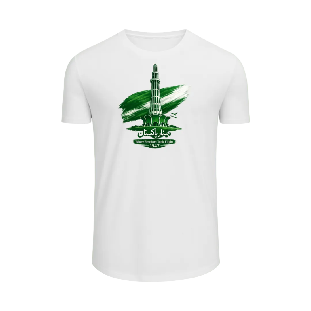 A white short-sleeve crewneck t-shirt featuring a green graphic print of the Muzaintah minaret in Islamabad, with the text 'ISLAMABAD CAPITAL OF PAKISTAN' and '1947' on a light green gradient background.
