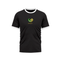 A black ringer t-shirt with white trim on the collar and sleeves, featuring a green and gold heart-shaped graphic with Arabic calligraphy on the chest, set against a light green gradient background.