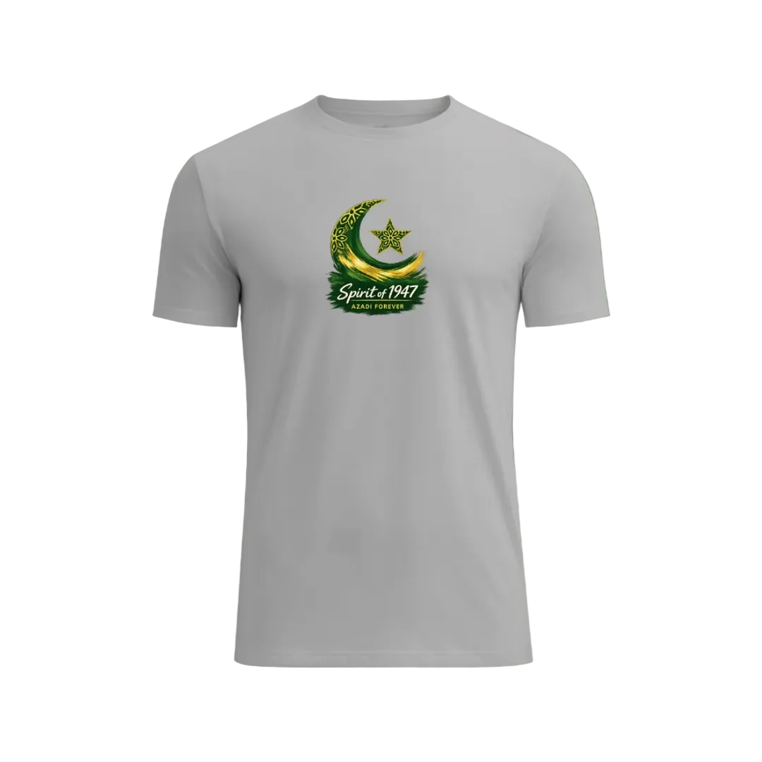 A light gray short-sleeve crewneck t-shirt featuring a green and gold graphic on the chest with a crescent moon, star, and the text 'Sport's 1947'. The shirt is displayed against a solid light green gradient background.
