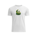 A white short-sleeve crewneck t-shirt featuring a green and gold graphic on the chest with a crescent moon, star, and the text 'Sport of 1947' and 'Pakistani Football Federation'. The shirt is displayed against a light green gradient background.