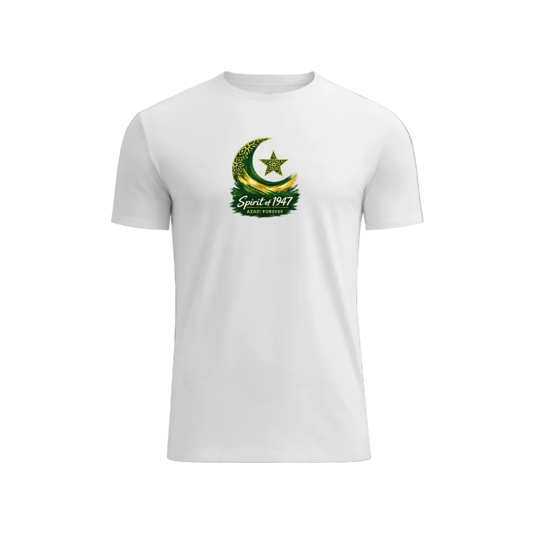 A white short-sleeve crewneck t-shirt featuring a green and gold graphic on the chest with a crescent moon, star, and the text 'Sport of 1947' and 'Pakistani Football Federation'. The shirt is displayed against a light green gradient background.