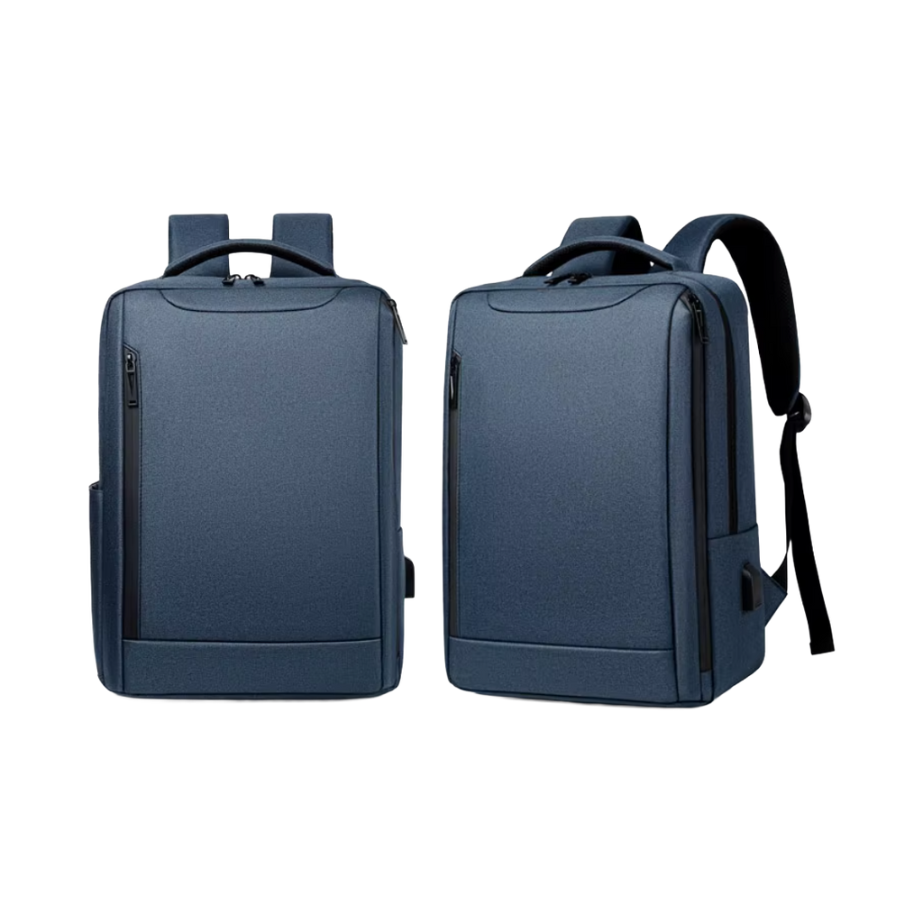 Two views of a navy blue laptop backpack on a plain white background, showing the front and side profiles.