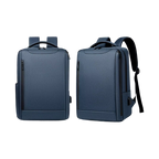 Two views of a navy blue laptop backpack on a plain white background, showing the front and side profiles.