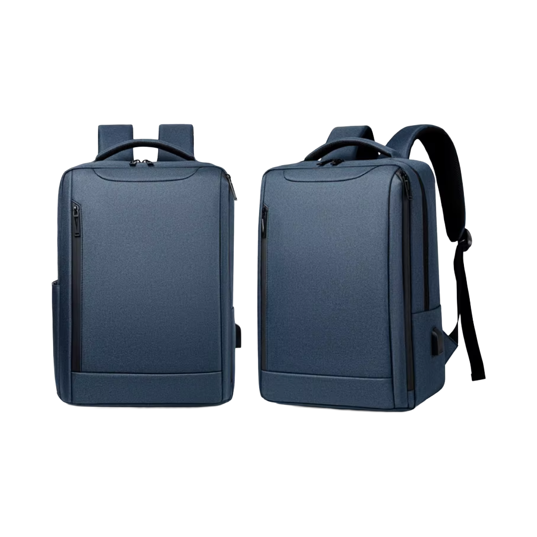 Two views of a navy blue laptop backpack on a plain white background, showing the front and side profiles.