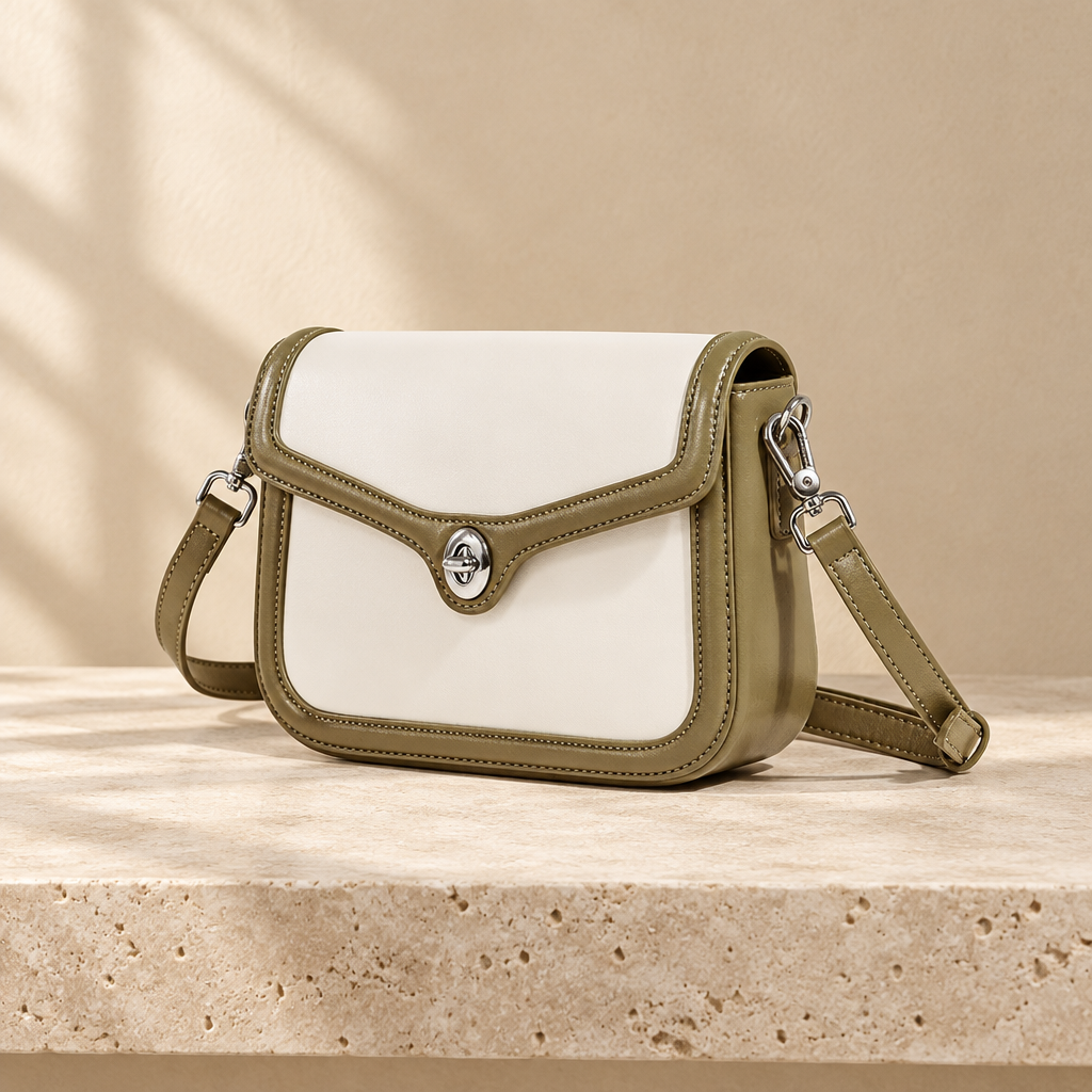 Cream and olive bag in a warm studio setting