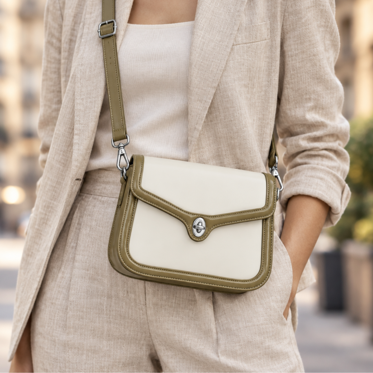 Cream and olive bag worn crossbody