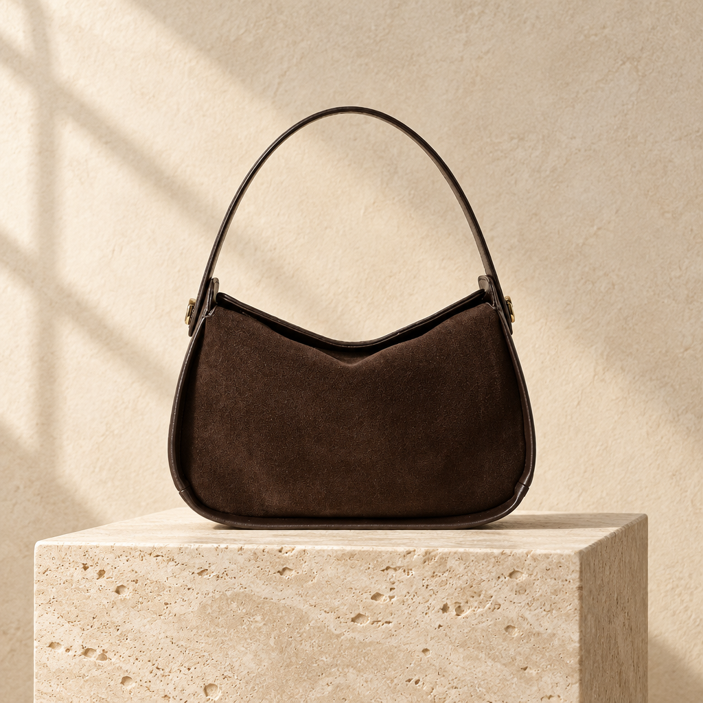 Dark brown handbag on a warm stone plinth