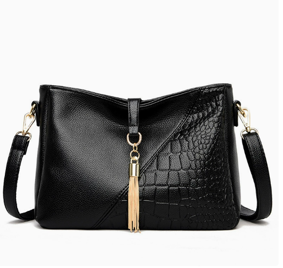 Premium PU Solid Color Minimalist Shoulder Bag in Black with gold tassel and crocodile embossed panel