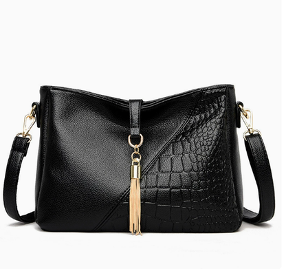 Premium PU Solid Color Minimalist Shoulder Bag in Black with gold tassel and crocodile embossed panel